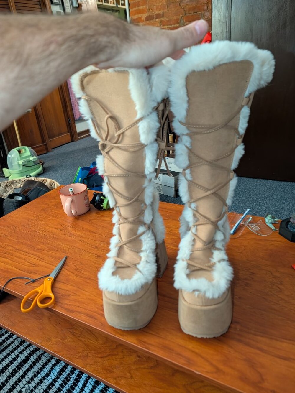Demonia Camel-311 Tan Faux Fur Platform Knee High Boots Size 7 NWOT